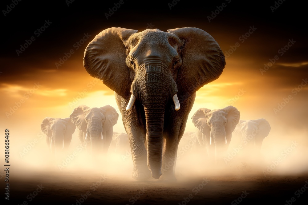 Obraz premium A herd of elephants walking across a dirt field