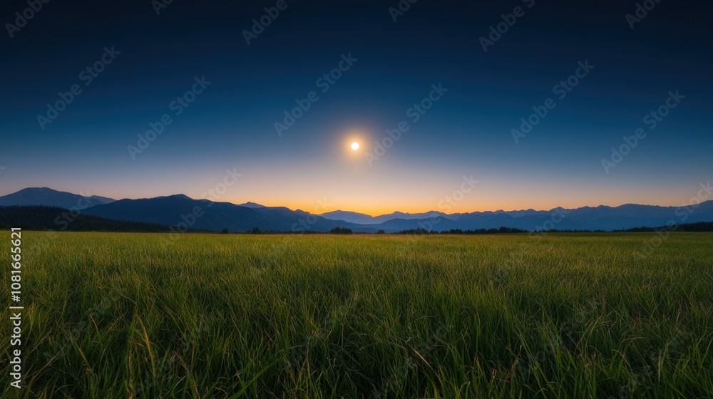 Fototapeta premium A serene landscape at dusk with rolling hills and a glowing sun.