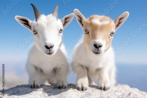 Two baby goats standing on top of a rock