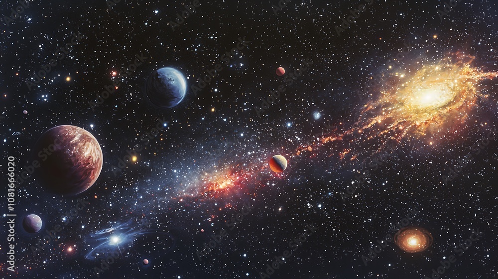 galactic sky with sparse planets scattered about in a deep bluish red atmosphere galactic sky with sparse planets scattered about in a deep bluish red atmosphere
