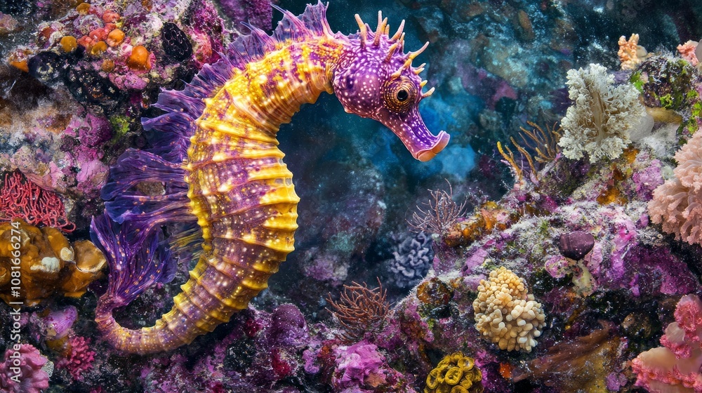 A purple and yellow sea horse is swimming in a coral reef A purple and yellow sea horse is swimming in a coral reef