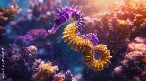 A purple and yellow sea creature is swimming in the ocean