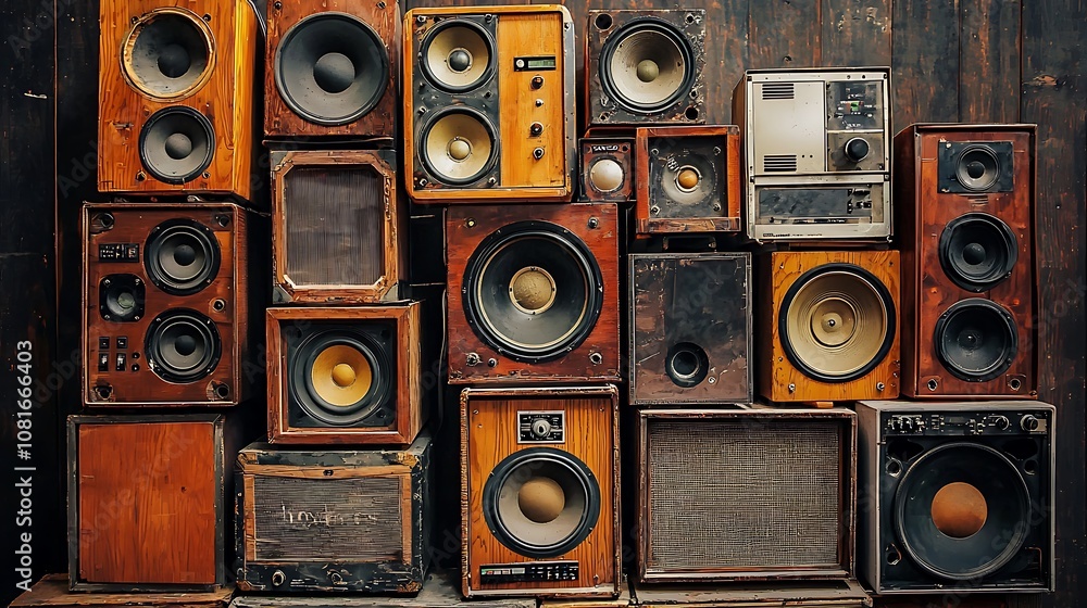 Obraz premium stack of old wooden speaker cabinets of different sizes