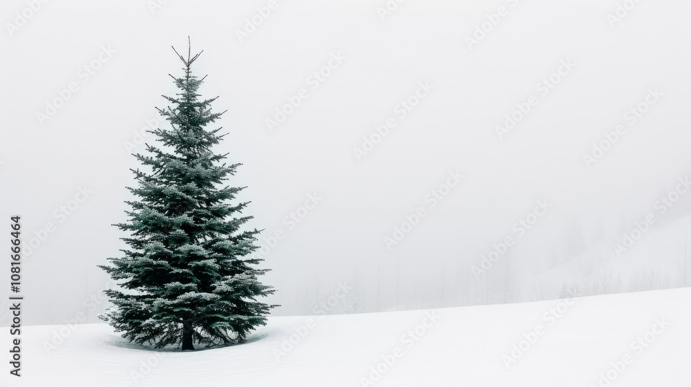A lone pine tree stands tall in a snowy field, with a hazy background. A lone pine tree stands tall in a snowy field, with a hazy background.