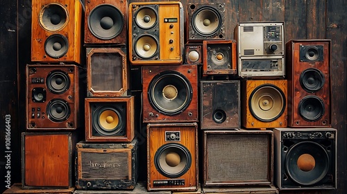 stack of old wooden speaker cabinets of different sizes photo