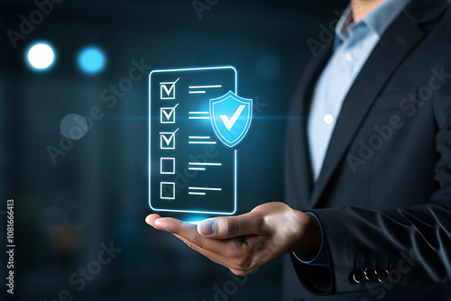 Businessman checking the steps through a virtual online document with a list of checkboxes,practices and policies,Examination of ethical rules,regulation,Terms and conditions,corporate governance doc.
