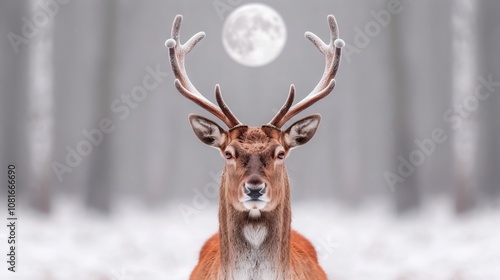 A majestic deer stands in a snowy forest with a full moon in the background.