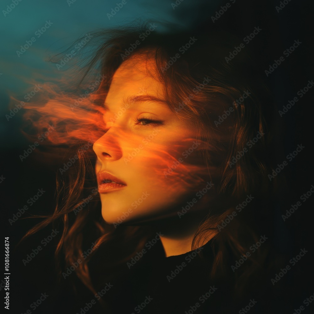 A serene portrait capturing the beauty and tranquility of a young woman with flowing hair. A serene portrait capturing the beauty and tranquility of a young woman with flowing hair.