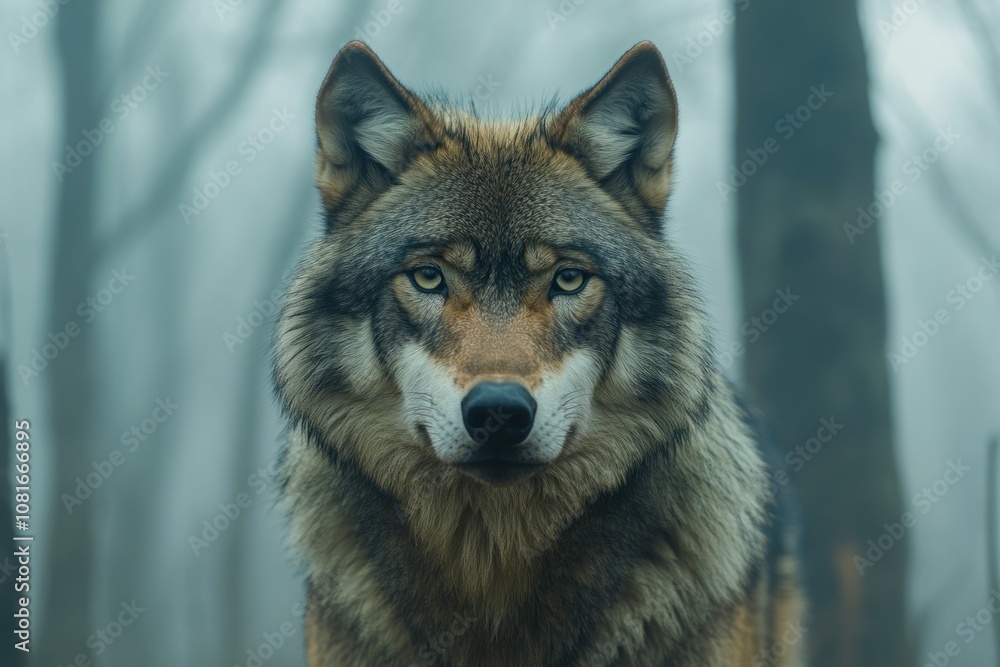 A wolf stares intensely at the camera through a misty forest. A wolf stares intensely at the camera through a misty forest.