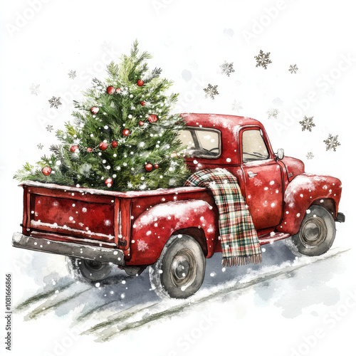 vintage red truck carries Christmas tree, adorned with ornaments, in snowy landscape. scene evokes warm, festive spirit during holiday season