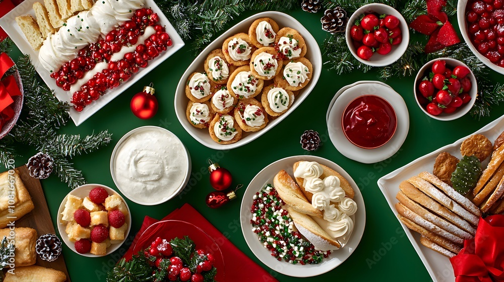 Grazing table with a variety of Christmas-themed finger foods and pastries, artfully arranged with a color scheme of red, white, and green Grazing table with a variety of Christmas-themed finger foods and pastries, artfully arranged with a color scheme of red, white, and green