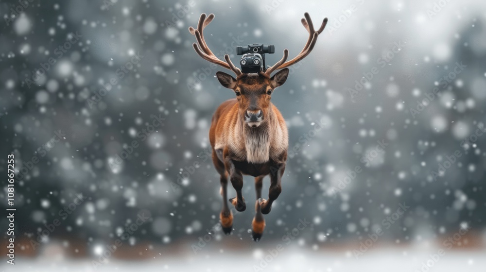 A reindeer runs through a snowy forest with a pair of binoculars on its antlers. A reindeer runs through a snowy forest with a pair of binoculars on its antlers.