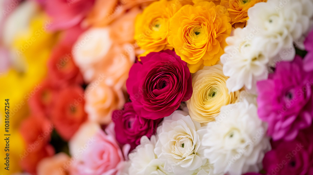 Obraz premium A vibrant arrangement of colorful ranunculus flowers in early spring sunlight