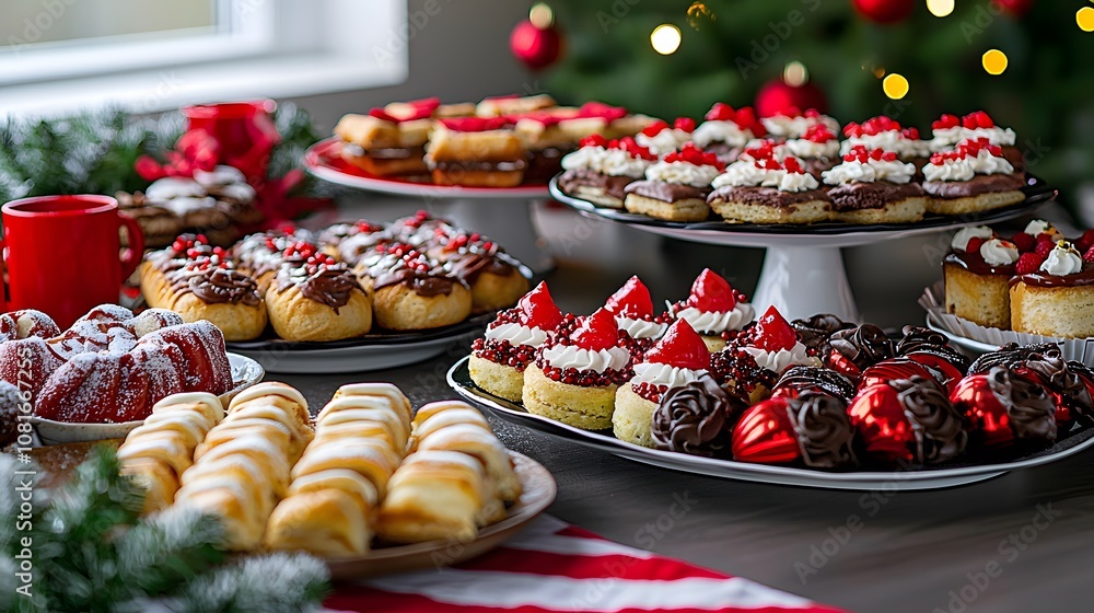 Grazing table with a variety of Christmas-themed finger foods and pastries, artfully arranged with a color scheme of red, white, and green Grazing table with a variety of Christmas-themed finger foods and pastries, artfully arranged with a color scheme of red, white, and green