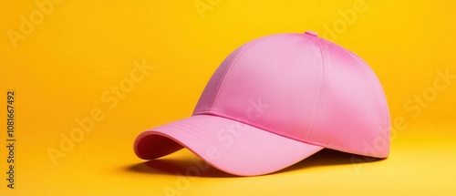 Vibrant pink baseball cap against a bright yellow background photo