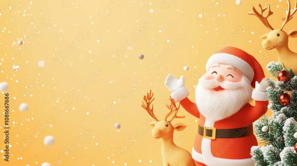 A cartoon image of Santa Claus with reindeer and a Christmas tree A cartoon image of Santa Claus with reindeer and a Christmas tree