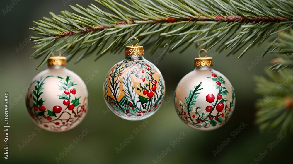 Three glass ornaments with red berries on them Three glass ornaments with red berries on them