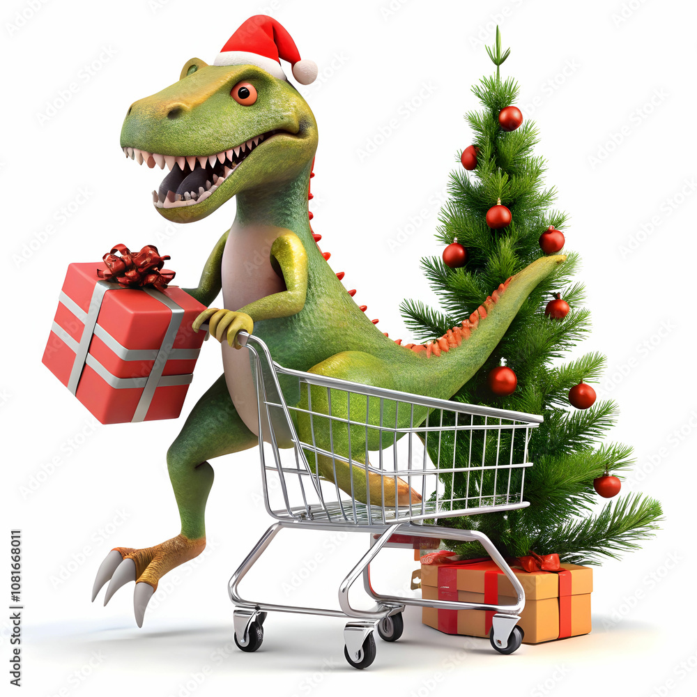 Naklejka premium Happy Dinosaur Pushing Shopping Cart with Christmas Gifts
