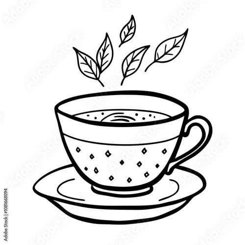 Vintage Teacup with Floating Leaves Hand Drawn Line Art Illustration