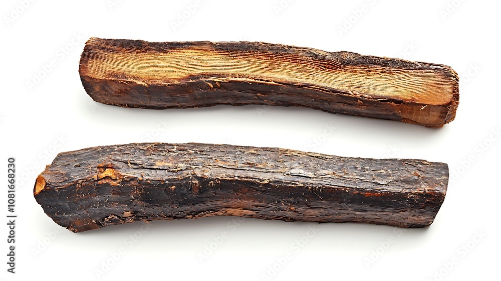 standing wooden log cut in half lengthwise, view from below, on white background, comercial photo standing wooden log cut in half lengthwise, view from below, on white background, comercial photo