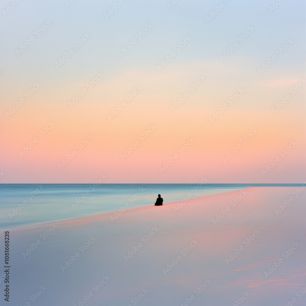 Serene silhouette on a tranquil beach at sunset Serene silhouette on a tranquil beach at sunset
