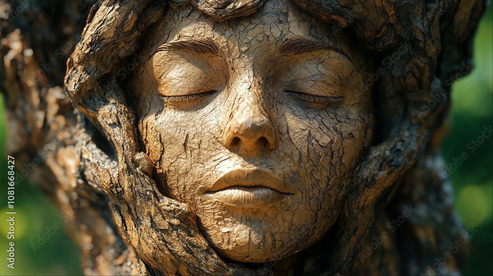 Fusion of nature and humanity, tree face sculpture, serene expression in bark-textured art, blending human and organic forms Fusion of nature and humanity, tree face sculpture, serene expression in bark-textured art, blending human and organic forms