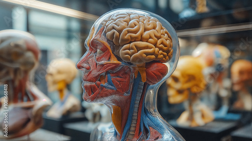 Anatomical human head model, brain and muscle layers exposed, detailed biology and neuroscience educational medical display