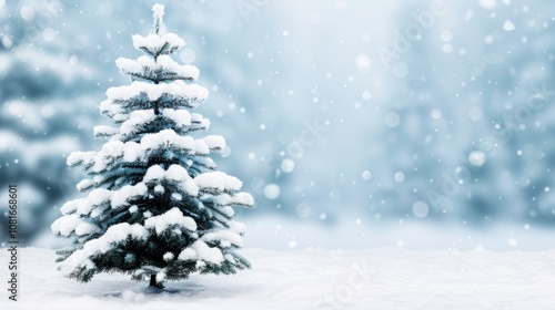 A single snow-covered evergreen tree stands tall in a snowy forest.