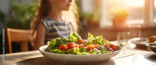 A young girl sits at a table, gazing at a colorful salad filled with fresh greens and tomatoes. Sunlight streams through the window, creating a warm atmosphere