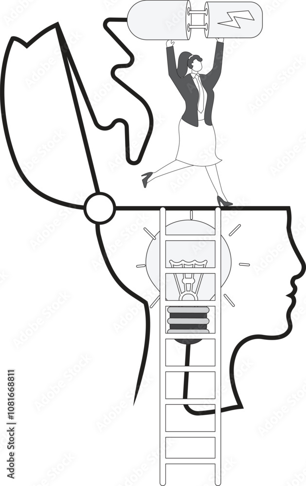 Businesswoman with electrical plug and socket plugging in the idea light bulb Businesswoman with electrical plug and socket plugging in the idea light bulb