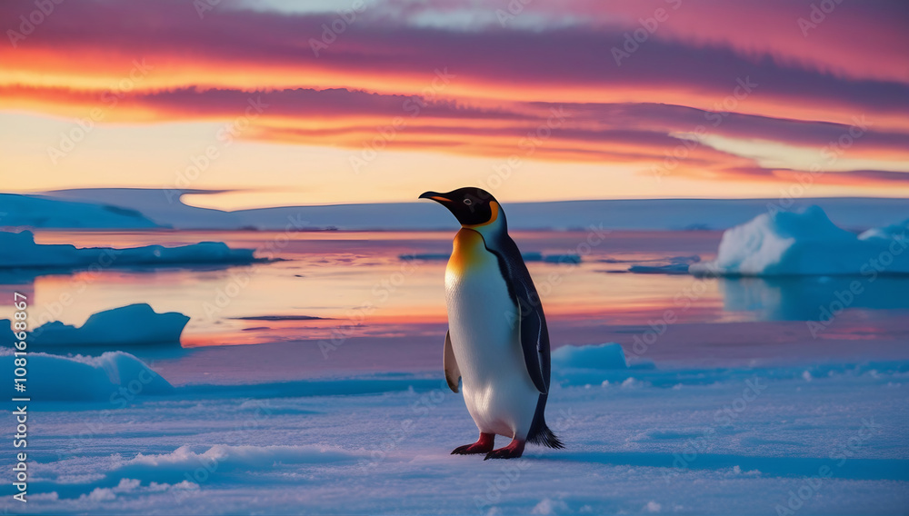 Fototapeta premium Golden Hour in the Arctic: Penguin at Sunset