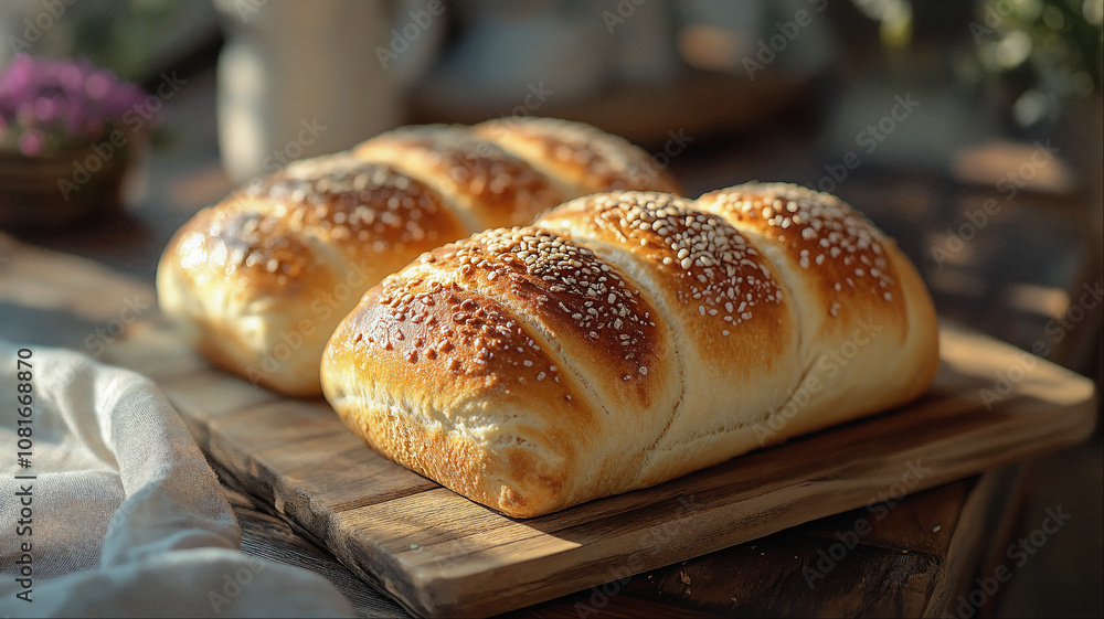 Soft golden bread rolls with sesame seeds, freshly baked homemade dinner buns Soft golden bread rolls with sesame seeds, freshly baked homemade dinner buns
