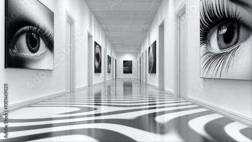 Surreal optical illusion, artistic hallway with eye portraits, black and white interior decor
