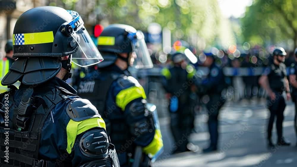 Law enforcement officers equipped with riot gear, maintaining order and security during a public demonstration in a city environment Law enforcement officers equipped with riot gear, maintaining order and security during a public demonstration in a city environment
