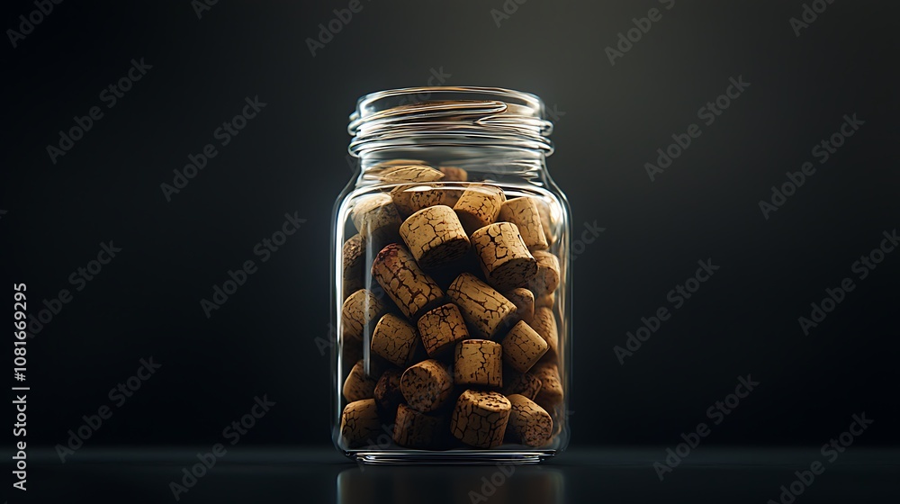lifestyle photo,, centered view, photo a collection of natural wine corks in a glass jar lifestyle photo,, centered view, photo a collection of natural wine corks in a glass jar