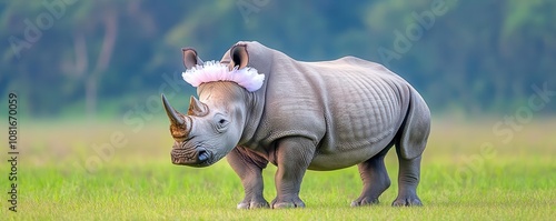 Rhino wearing a tutu, attempting a ballet pose, comic and unexpected wildlife personality