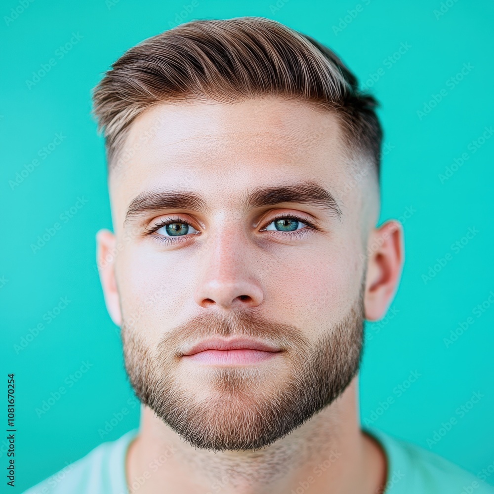 Handsome young man with stylish haircut and beard against vibrant turquoise background Handsome young man with stylish haircut and beard against vibrant turquoise background