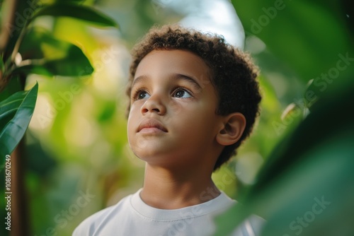 young boy with curly hair looking up thoughtfully