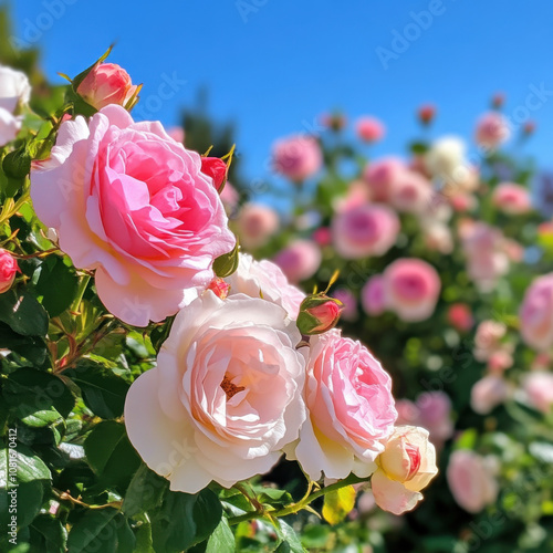 Pink and white roses bloom vibrantly under clear blue sky, surrounded by lush green leaves, creating serene and picturesque garden scene photo