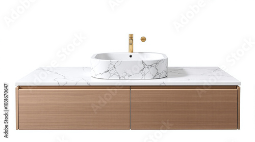 Minimalist floating vanity with marble sink, elegant bathroom decor, white background, stock image