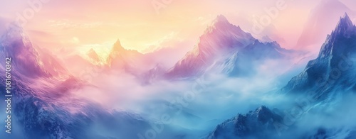 Serene mountain landscape with mist rolling over the peaks, soft sunrise lighting, muted pastel hues