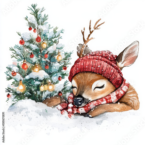 cute sleeping deer wearing red hat and scarf beside decorated Christmas tree. scene is cozy and festive, perfect for holiday themes
