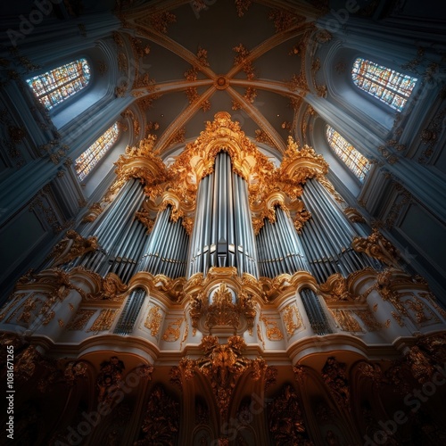 Ornate cathedral interior with intricate golden organ pipes and stained glass windows