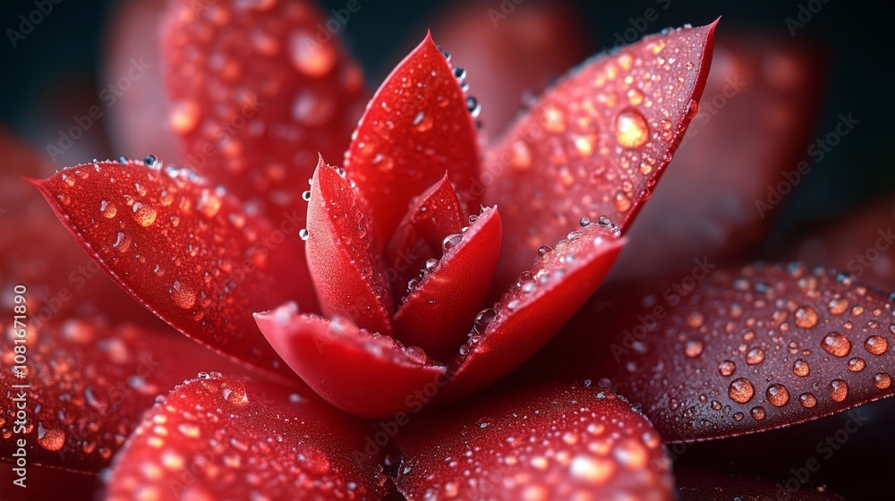 Stunning Closeup of a Red Succulent Flower with Dew Drops Stunning Closeup of a Red Succulent Flower with Dew Drops
