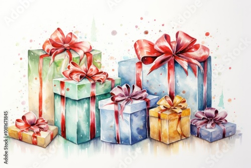 Design a watercolor graphic featuring an elegant Christmas present arrangement with flowing brushstrokes The wrapped gifts