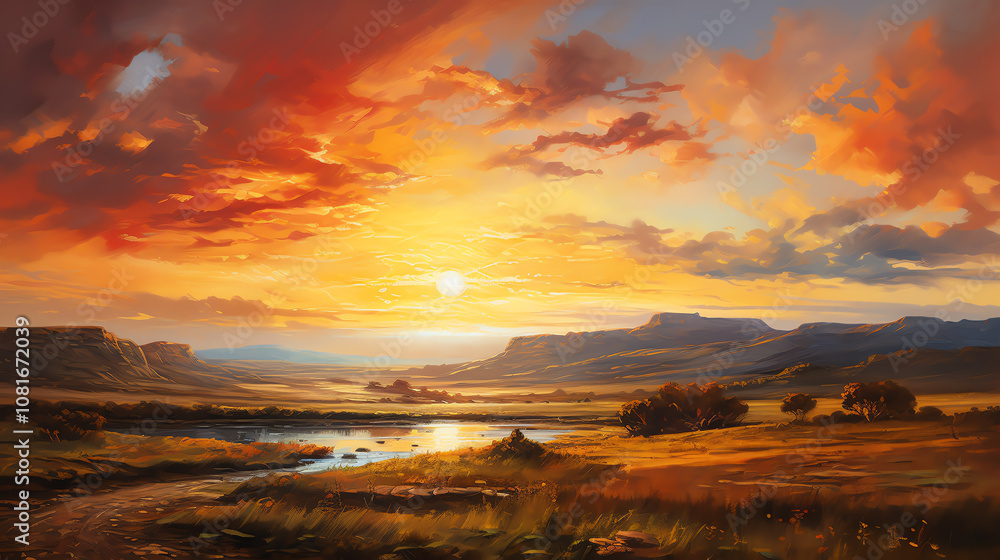 Fototapeta premium Frontal view of a dramatic sunset above rolling hills, brilliant reds and golds streak the sky, soft light casting long shadows, painted in rich, textured oil