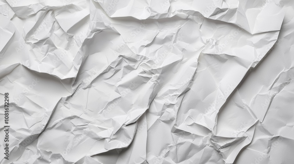 Fototapeta premium A close-up of crumpled white paper, showcasing its textured surface and varied light reflections, emphasizing the intricate patterns formed by the folds.