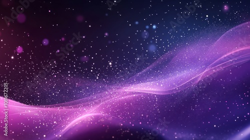 Digital new year background featuring a flowing wave of purple particles with shimmering light effects, sparkling dots, and twinkling stars, perfect for futuristic festive designs and celebratory even