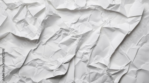 A close-up of crumpled white paper, showcasing its textured surface and varied light reflections, emphasizing the intricate patterns formed by the folds.