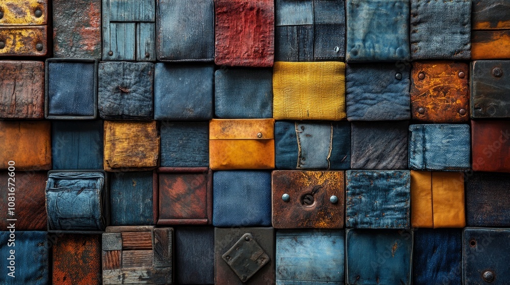 A wall made of wood and metal with many different colors A wall made of wood and metal with many different colors